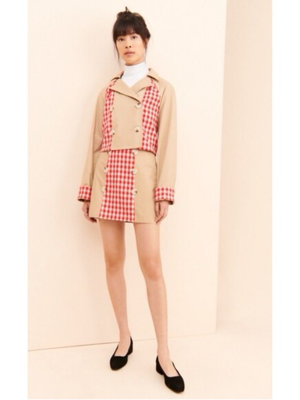 English Factory Beige Cropped Trench with Red Gingham Trim sz M - Picture 2 of 16